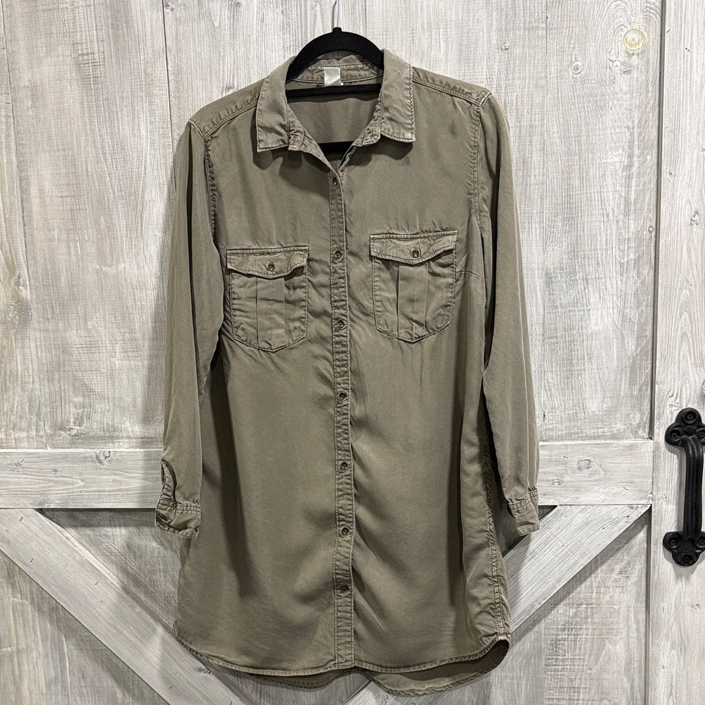 &Denim by H&M women’s size 12 olive green Lyocell button down tunic/dress L1